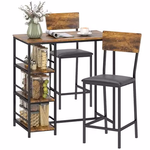HOMCOM 3 Piece Industrial Breakfast Bar Table Set with Storage and Padded Seats in Rustic Brown