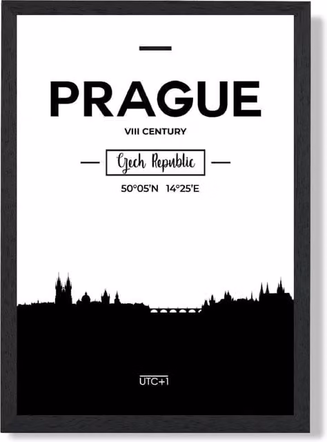 ARTZE Prague Black and White City Skyline Framed Print, A2 – 1