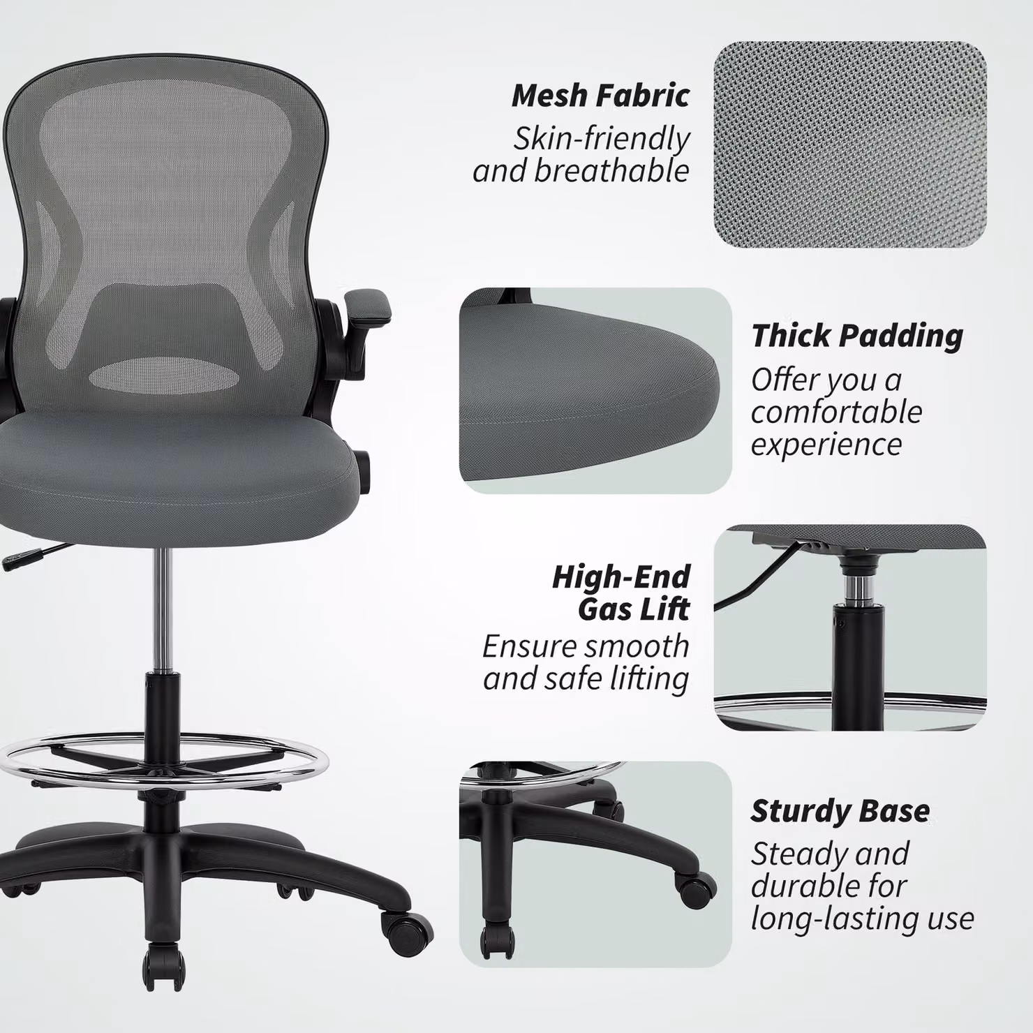 Vinsetto Draughtsman Chair with Flip-up Armrests and Adjustable Foot Ring, Grey Fabric Mesh Standing Desk Chair, W/D/H: 52 x 12 x 72 cm – 6