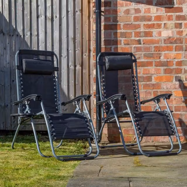 Samuel Alexander Set of 2 Black and Silver Zero Gravity Garden Relaxer Chairs with Textilene Fabric, Adjustable Headrests and Cup Holders