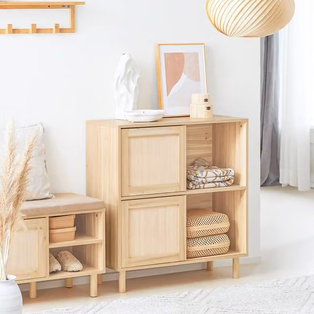 SoBuy Scandinavian Narrow Sideboard with Sliding Doors in Sand and Beige