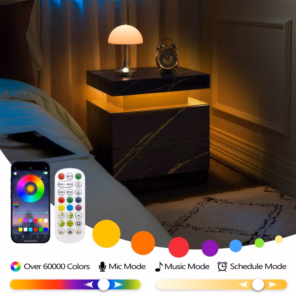 Matteo Modern LED Bedside Table with Integrated Lighting in Black and Gold – 2