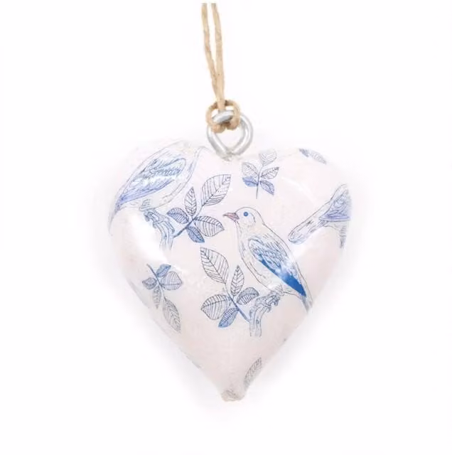 KDMD Blue Bird Wooden Heart Tabletop Decor in White and Blue