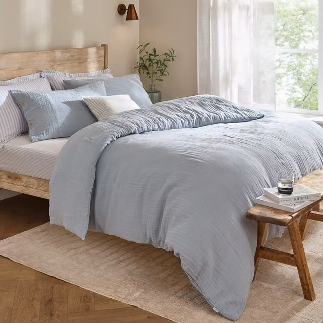 Lark Muslin Cotton Duvet Cover Set in Blue, 140 x 200 cm
