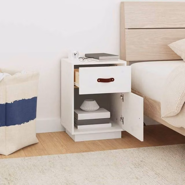 Berkfield Home Beautiful White Solid Wood Pine Bedside Cabinet W/D/H: 40 x 34 x 55 cm