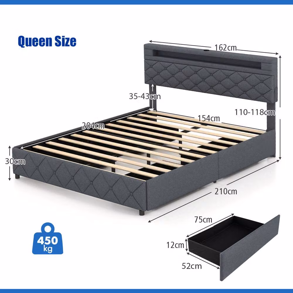 Gymax Queen Bed Frame with LED Lights, USB Charging Station and 4 Drawers, Grey Upholstered Fabric, 150 x 200 cm – 2