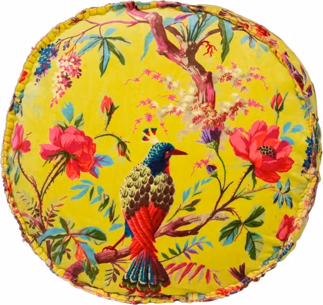 Aracia Paradise Round Yellow Floral Velvet Cushion