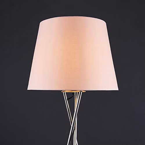 MiniSun Modern Brushed Chrome Floor Lamp with Pink Fabric Tapered Shade and Warm White LED Bulb – 3