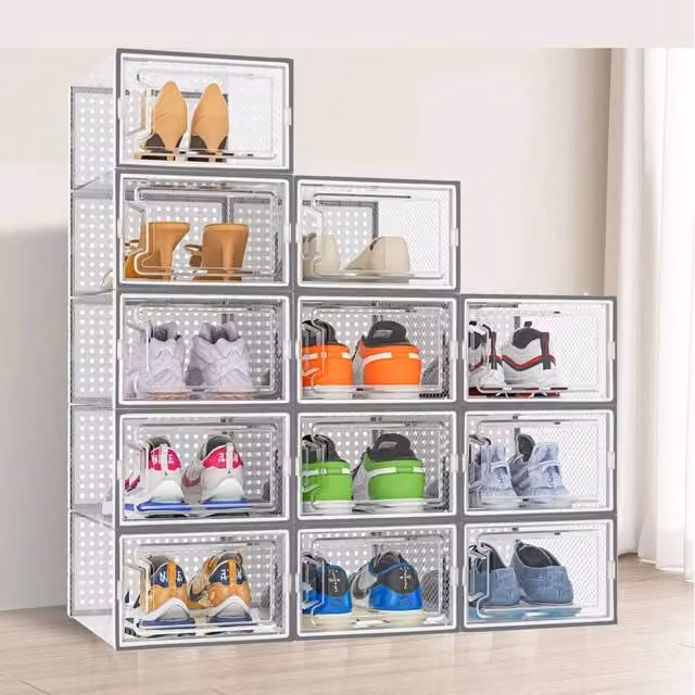 FORGEVIO Stackable Transparent Clear Plastic Shoe Storage Boxes with Lid, Grey – 1