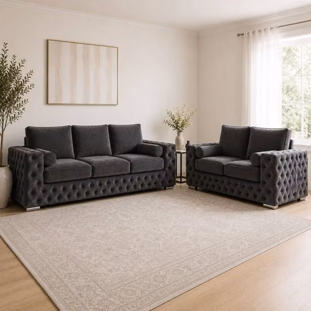 Stratus Interiors Ashley Full Back Chesterfield Upholstered Fabric Sofa 2 and 3 Seater Set in Dark Grey – 1