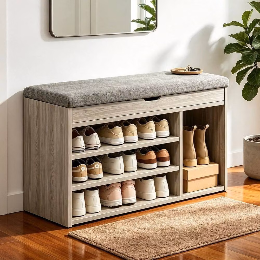 EONLION Grey Upholstered Shoe Bench and Storage Rack Organiser, Width: 100 cm – 2