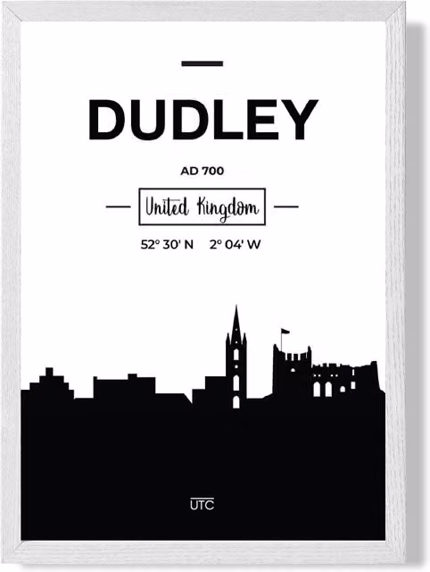 ARTZE Dudley Black and White City Skyline Framed Print in White Frame, A2 – 1