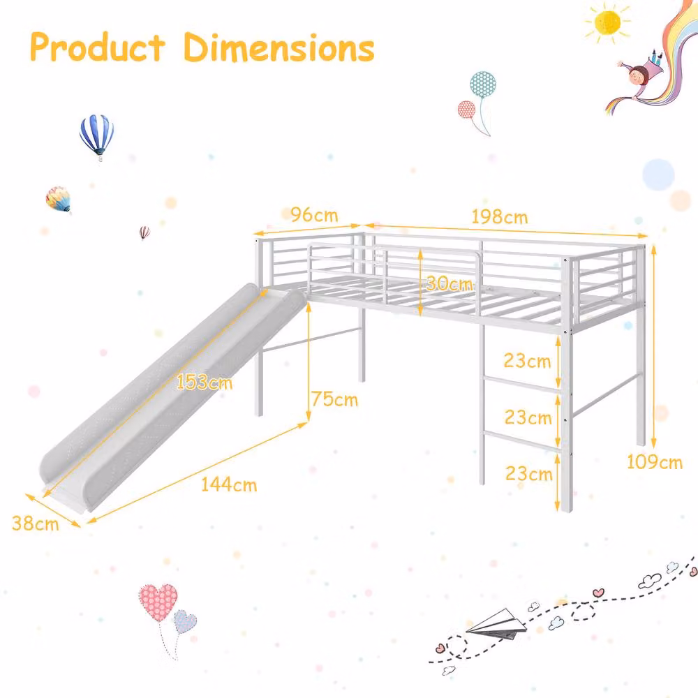 Costway Single Low Loft Bed with Metal Frame and Safety Guardrails in Silver – 2