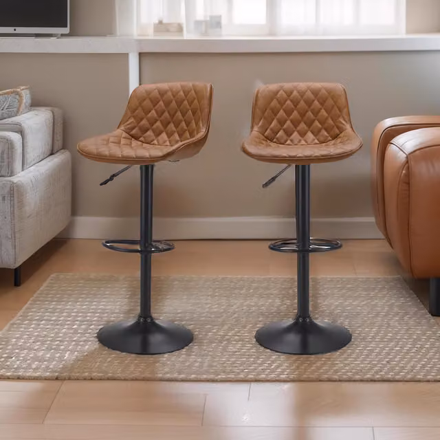 Livingandhome Set of 2 Brown PU Leather Swivel Height Bar Stools with Metal Base