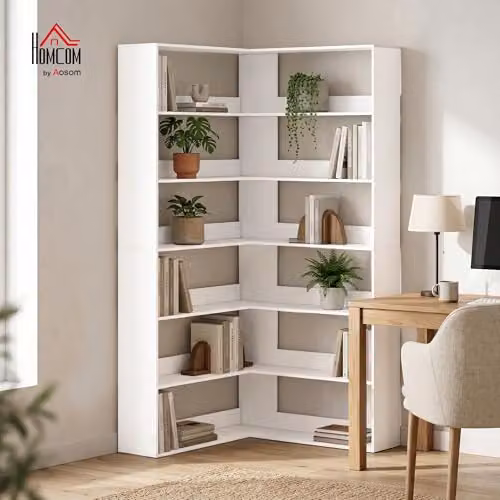HOMCOM 7 Tier Corner Bookshelf in White Wood Effect, W/D/H: 90 x 90 x 180 cm – 2
