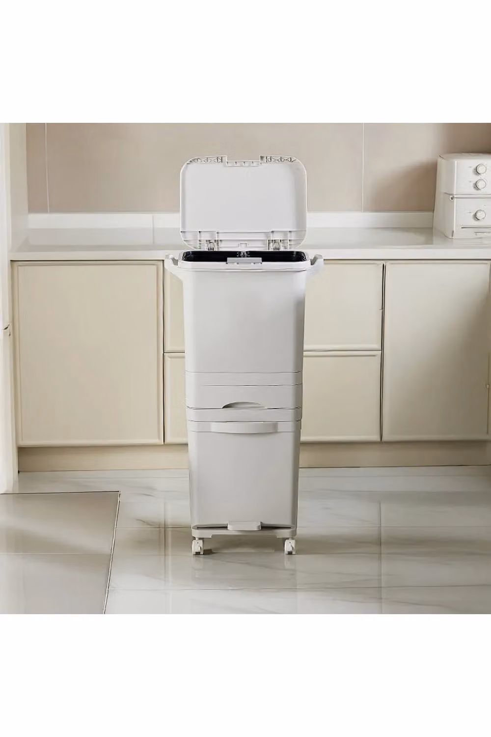 Living and Home 49L 3-Tier Rolling Dustbin with 2 Removable Inner Buckets for Dry and Wet Separation, White – 2