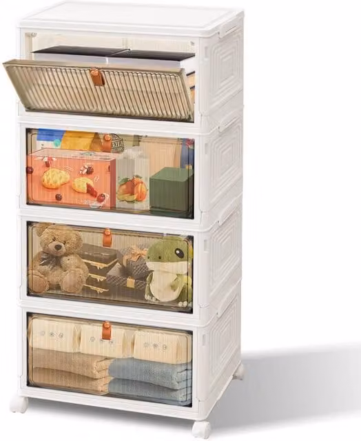 Kelvenix 4 Tier Stackable Plastic Storage Box with Wheels and Lid, White, W/D/H: 79 x 39 x 28 cm – 1