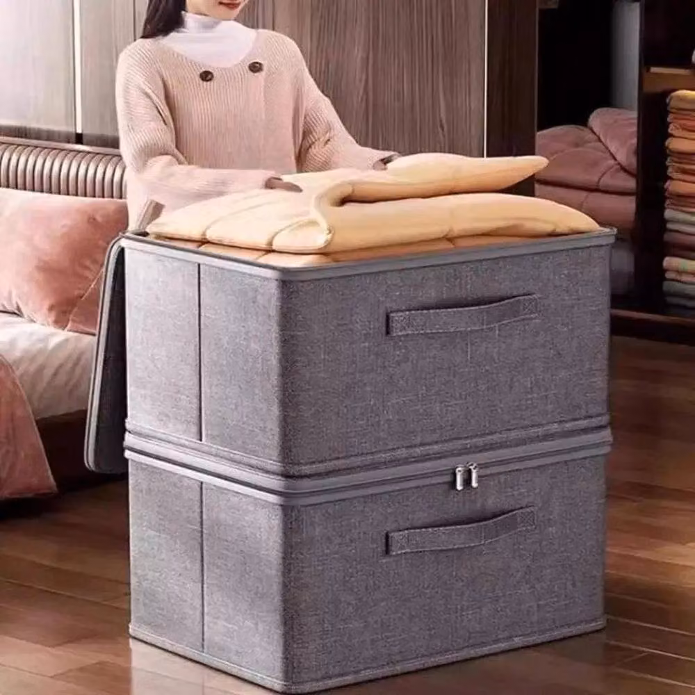 KORVIXA Grey Fabric Folding Clothes Storage Box with Handles – 3