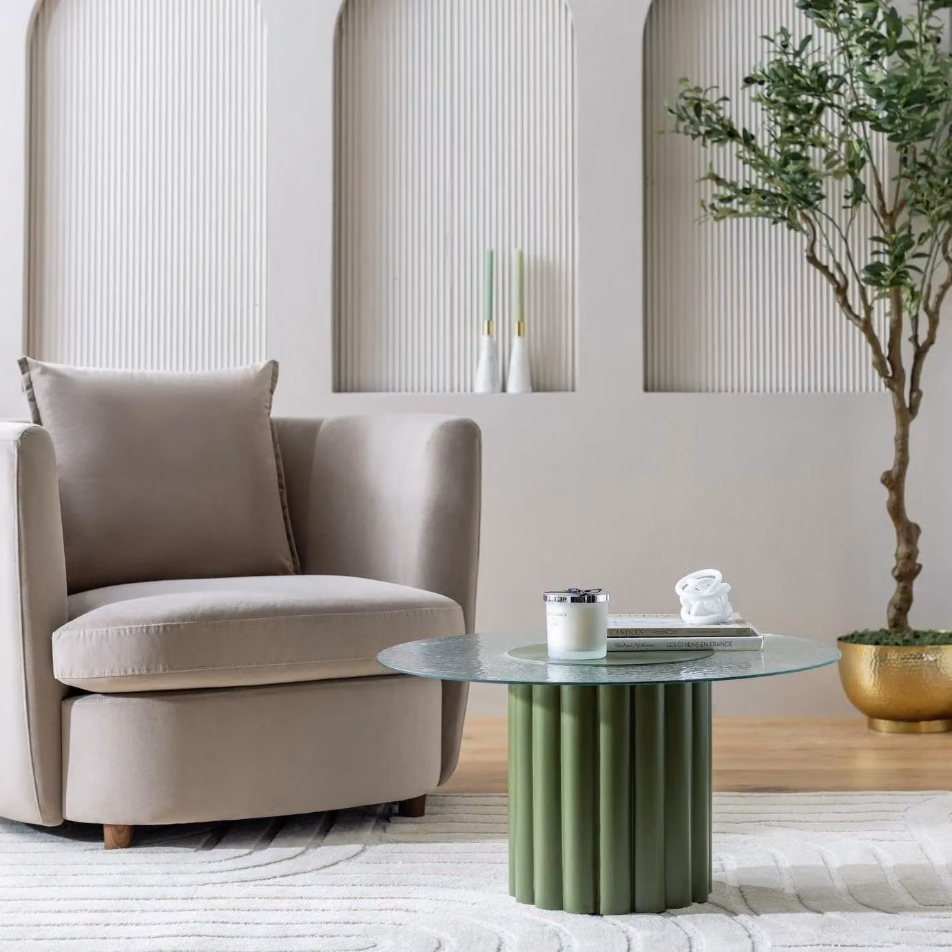 Cicely Round Coffee Table in Green with Glass and Metal Design