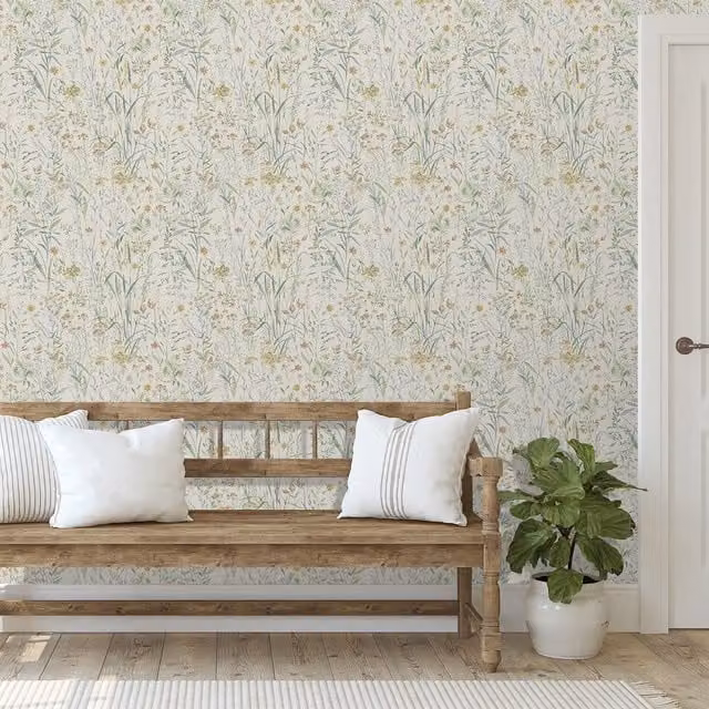 Grandeco Summer Meadow Sprigs Botanical Floral Matt Wallpaper in Green, Blue and Multicolour