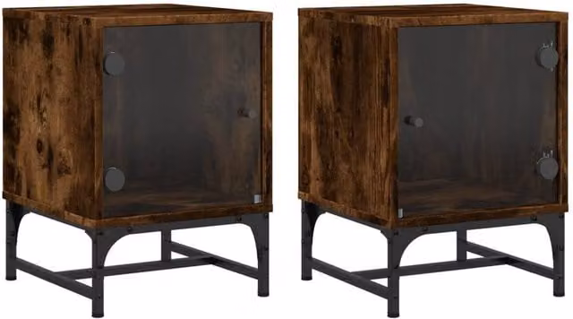 Berkfield Home Set of 2 Bedside Cabinets with Glass Doors in Smoked Oak Brown, W/D/H: 35 x 37 x 50 cm