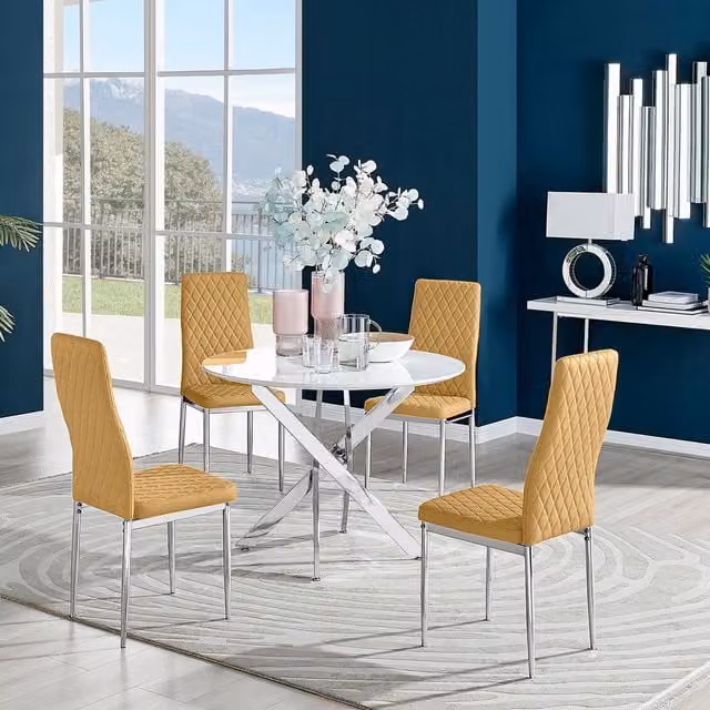 FurnitureboxUK Novara White High Gloss Round Dining Table and 4 Mustard Velvet Milan Chairs