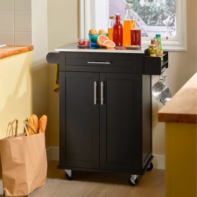 SoBuy Modern Kitchen Storage Island Cart with Side Rack in Matt Black