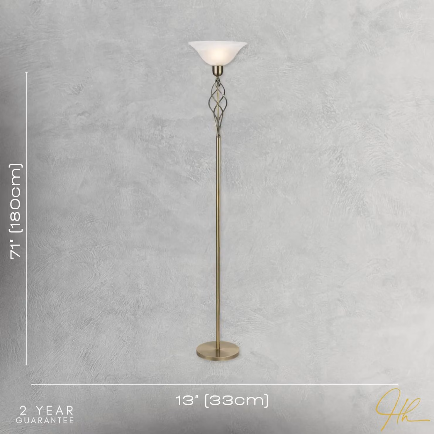 Happy Homewares Classic Knot Twist Floor Lamp Uplighter in Antique Brass and Gold with White Glass Dome – 3
