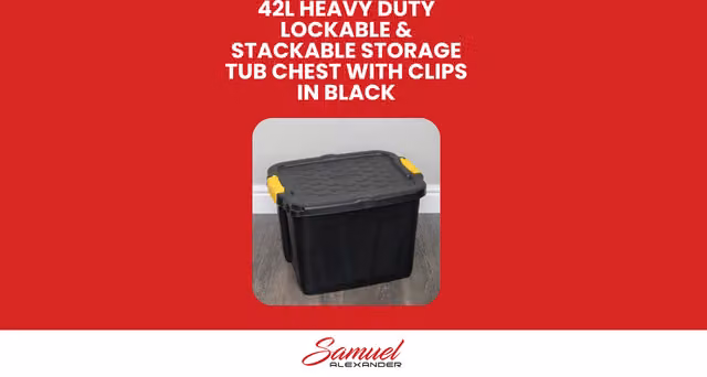 Samuel Alexander 6 Pack of 42L Heavy Duty Lockable and Stackable Plastic Storage Tubs with Clips in Black – 8