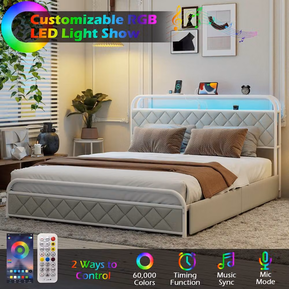 Costway Modern King Size Upholstered Faux Leather Platform Bed with Drawers and USB Charging Port, Grey, W/D/H: 180 x 200 cm – 2
