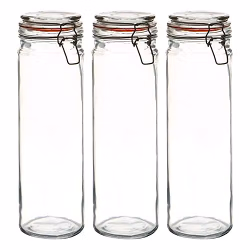 Argon Tableware Set of 3 Transparent Glass Spaghetti Jars with Airtight Stainless Steel Clip Lids and Silicone Seals, 2L – 1