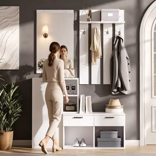 BTM White Modern Hallway Wardrobe and Shoe Cabinet with Mirror and Soft Close Doors, W/D/H: 120 x 35 x 175.5 cm