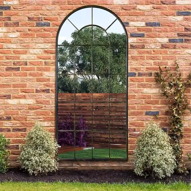 MirrorOutlet Arcus Antique Black Framed Arched Window Garden Wall Mirror