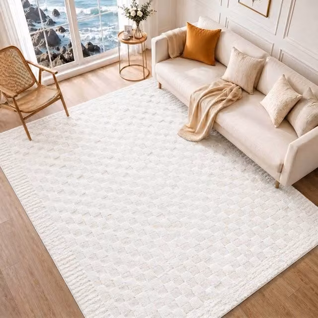 Livabliss Freud Modern Checkerboard High Pile Living and Dining Room Rug in White, Black and Brown, W: 80 cm, L: 220 cm – 1