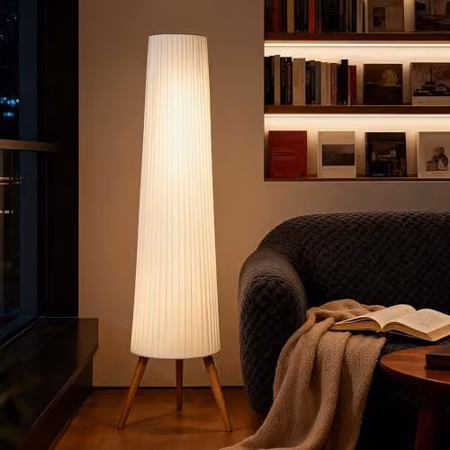 HOMCOM Dimmable LED Tripod Floor Lamp with Foot Switch, White and Wood, Height: 153 cm