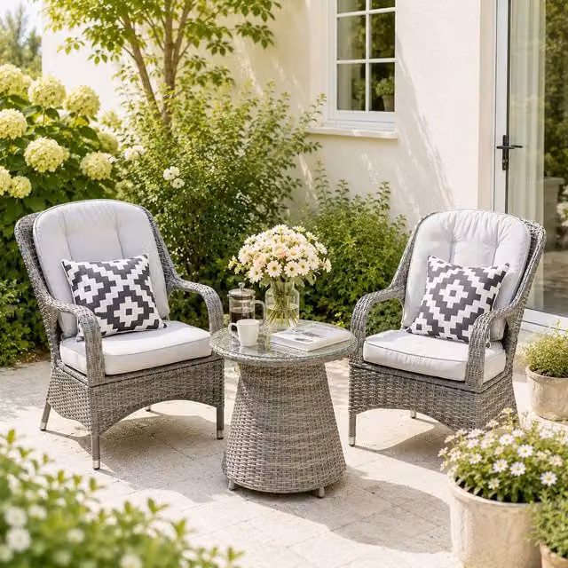 Direct Wicker Grey Aluminium Rattan Bistro Set with 5mm Toughened Glass Top Table and 2 Chairs – 1