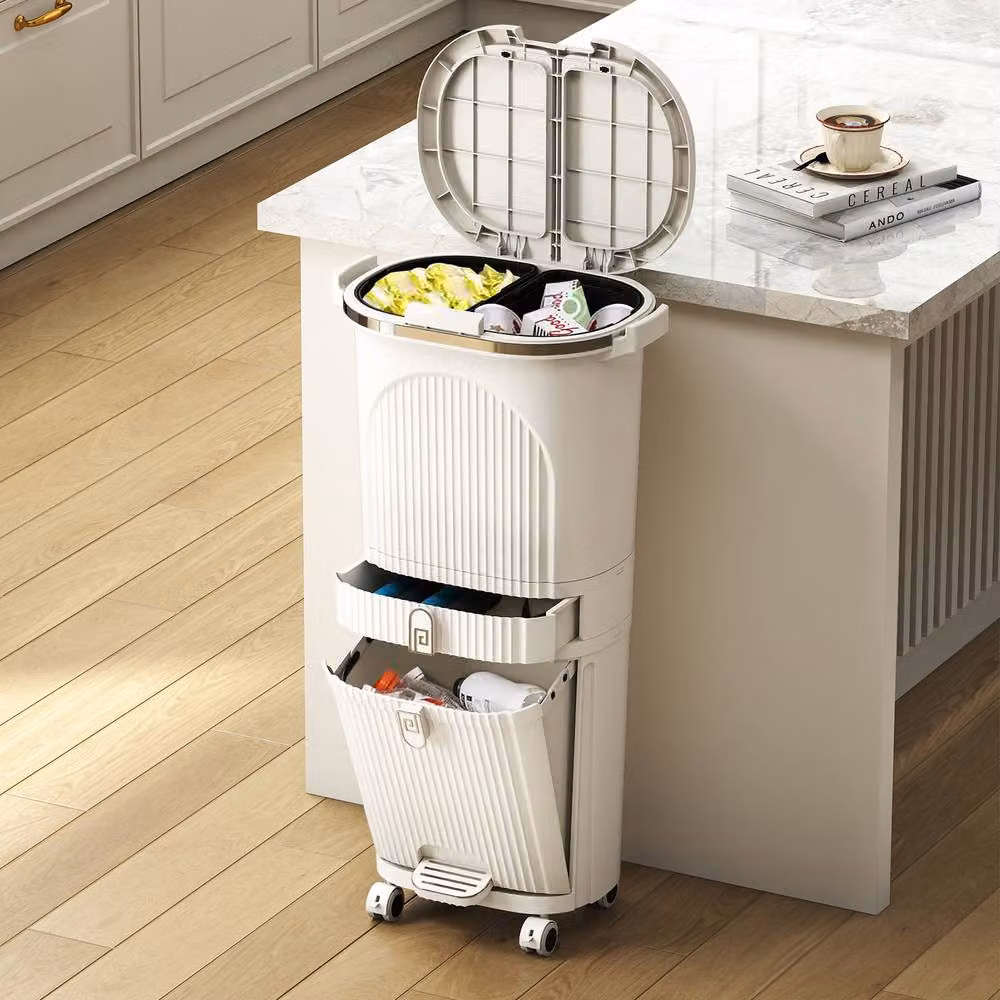 Costway 42L 3-Layer Kitchen Trash Can with Lid and 2 Removable Buckets, Beige – 2