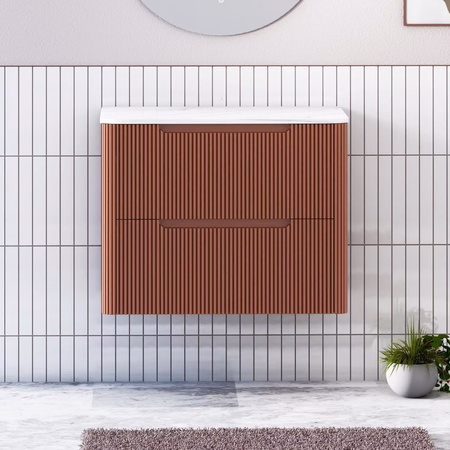 Royal Bathrooms Avenza 800mm Wall Hung Vanity Unit with 2 Drawers and Carrara White Undrilled Worktop in Terracotta Clay