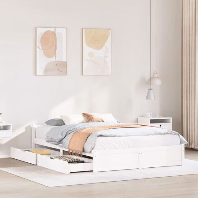 Berkfield Home King Size Solid Wood Pine Bed Frame with Drawers, White, W: 150 cm, L: 200 cm
