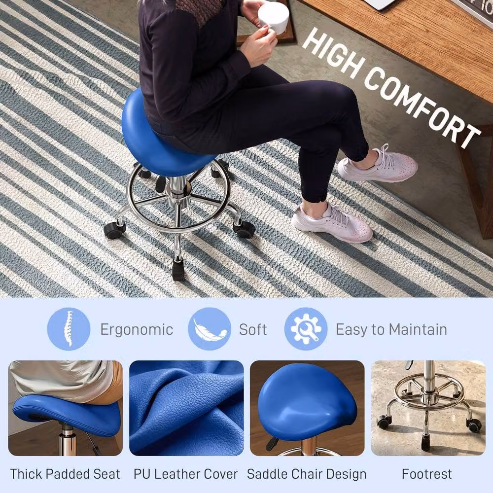 STILVORA Adjustable Height Saddle Stool with Blue PU Leather and Castors – 6