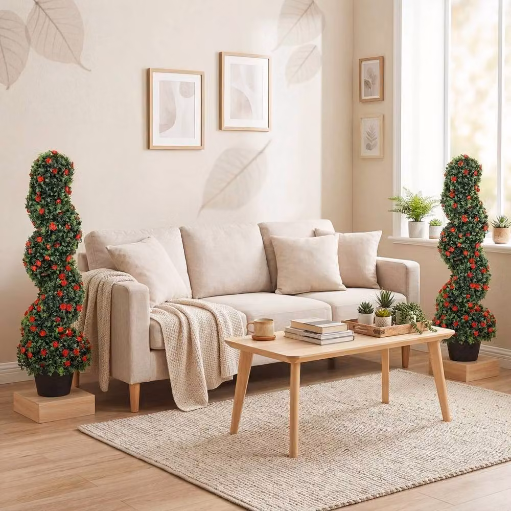 VOGREX Set of 2 Artificial Red Rose Topiary Trees in Green Pots, Height: 90 cm – 3