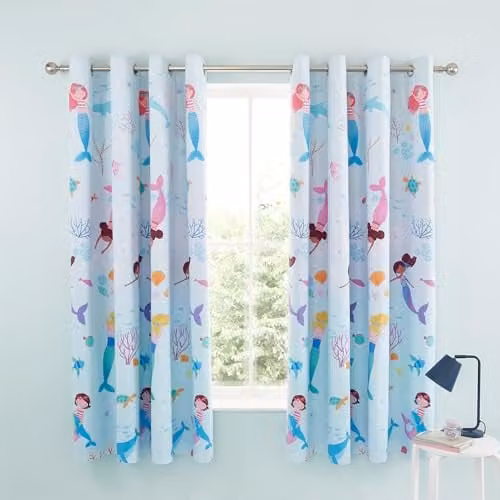 Catherine Lansfield Mermaid Reversible Lined Eyelet Curtains, Two Panels, Blue and Pink, W: 168 cm, H: 183 cm