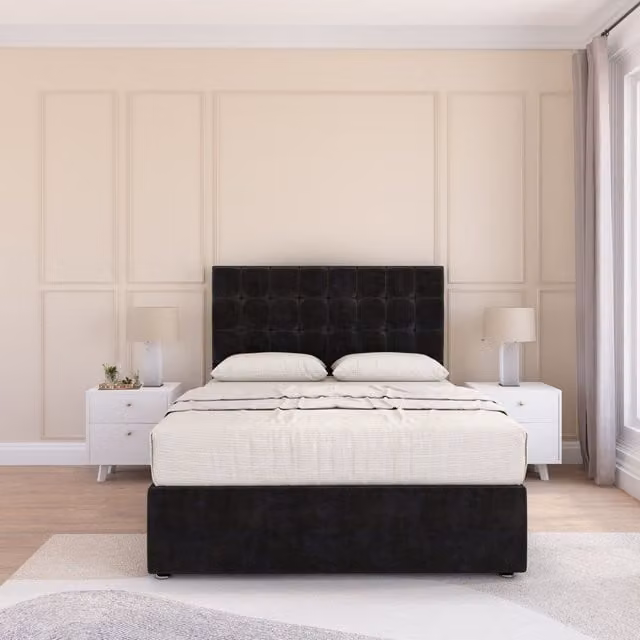 Sloomy Alabama Plush Super King Bed Set with Mattress and 26 inch Headboard in Black Velvet Fabric