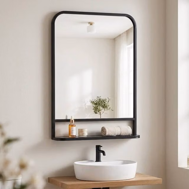 STILVORA Modern Rectangular Wall Mirror with Shelf, Black, W: 70 cm, H: 50 cm – 1