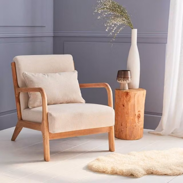 sweeek Scandi-style Wooden Armchair with Beige Fabric Cushion and Solid Wood Frame