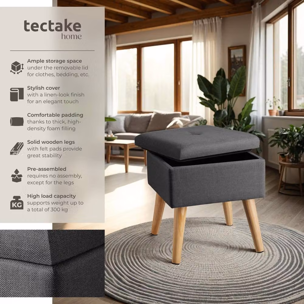 tectake Elva Padded Stool with Storage Space in Dark Grey Linen Look – 2