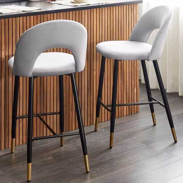 Wyld and Coco Velvetique Set of 2 Grey Velvet Bar Chairs with Black Steel and Gold Ends – 1