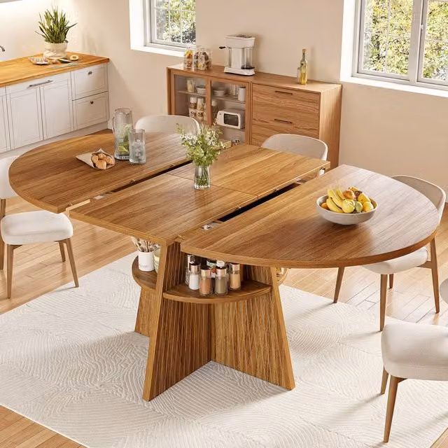 Merax Round Extendable Storage Dining Table in Brown, Diameter: 110 cm to 150 cm