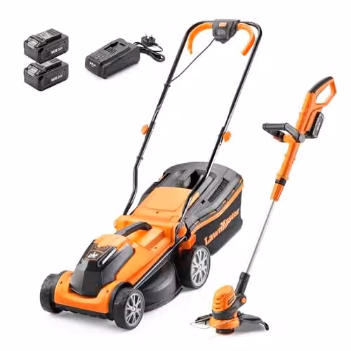 LawnMaster MX 24V 34cm Cordless Lawnmower and Strimmer Set with Spare Battery and Quick Charger, Orange – 1