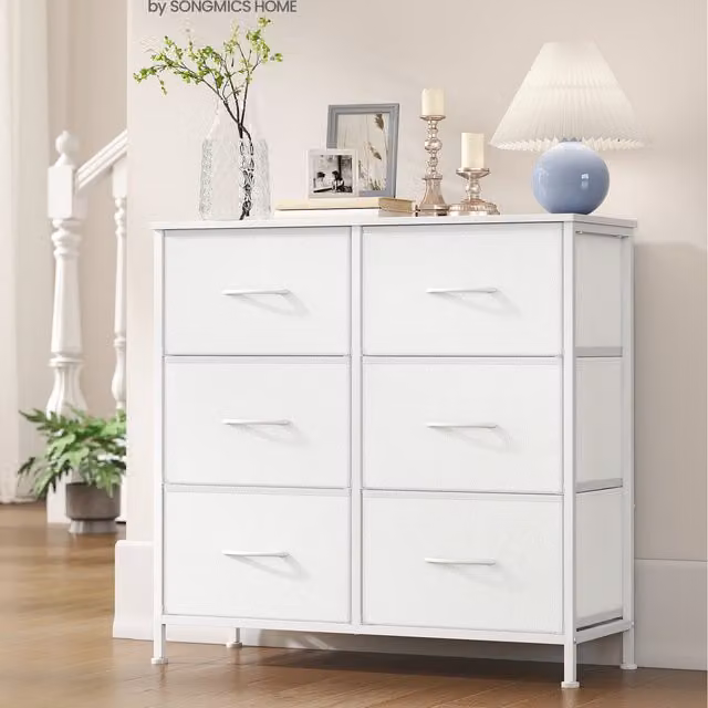 SONGMICS Modern Freestanding Chest of Drawers with 6 Fabric Drawers in White and Black